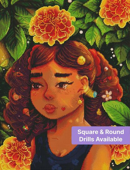 Illustrated girl with floral hair accessories surrounded by glowing marigolds and green leaves