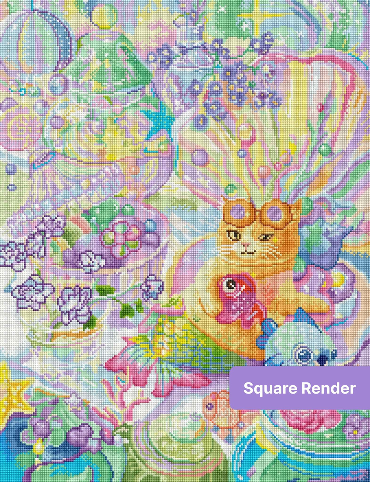 Pastel fantasy cat with rainbow fish tail, shells, flowers, and iridescent underwater details