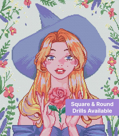Pastel witch hat girl holding a pink rose with delicate floral border