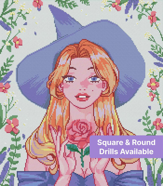 Pastel witch hat girl holding a pink rose with delicate floral border
