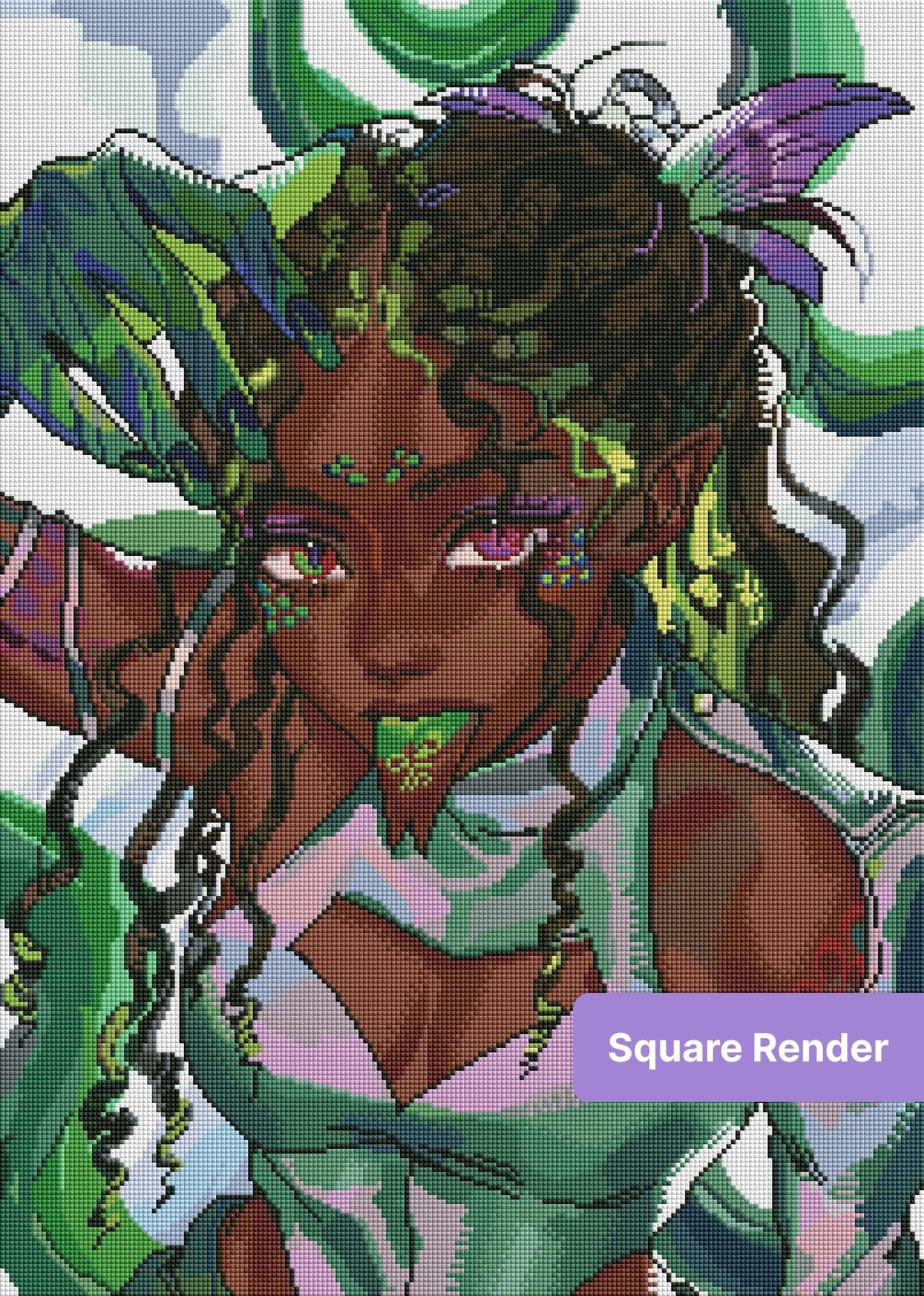 Fantasy fairy portrait with green and violet accents, dark curls, and glowing eyes