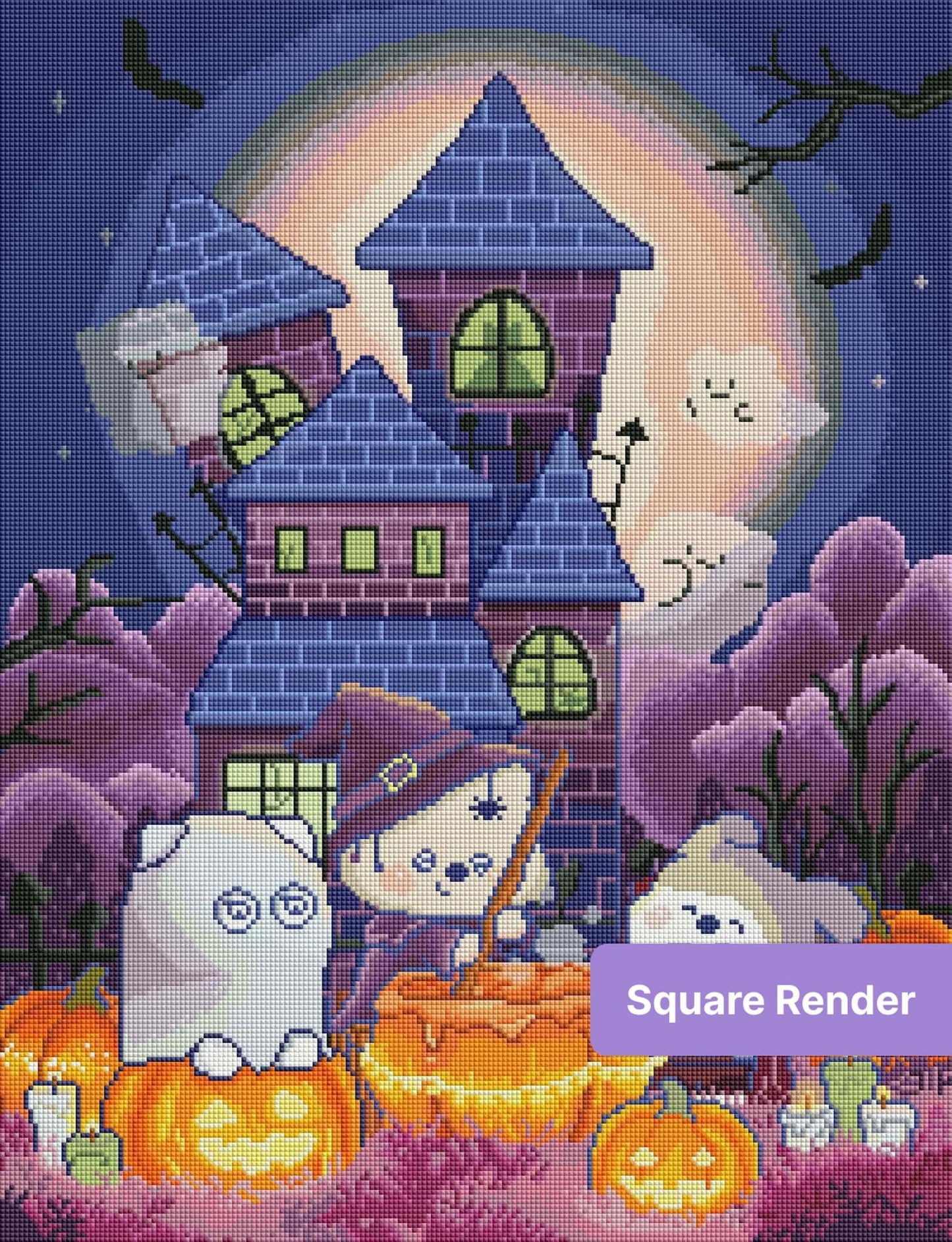Cute Halloween witch and ghosts in front of a spooky castle with pumpkins and moonlight