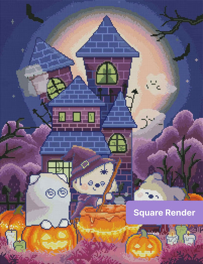 Cute Halloween witch and ghosts in front of a spooky castle with pumpkins and moonlight