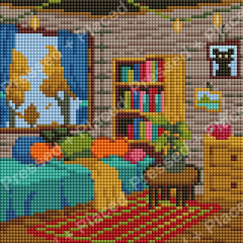 Cozy cartoon living room with colorful furniture, bookshelves, and cat wall art