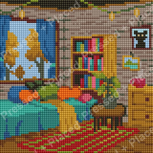 Cozy cartoon living room with colorful furniture, bookshelves, and cat wall art