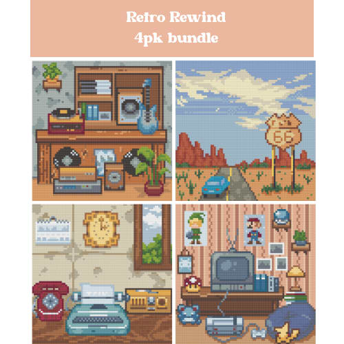 Four retro pixel-style diamond painting scenes with vintage decor, road trip, and cozy nostalgic themes