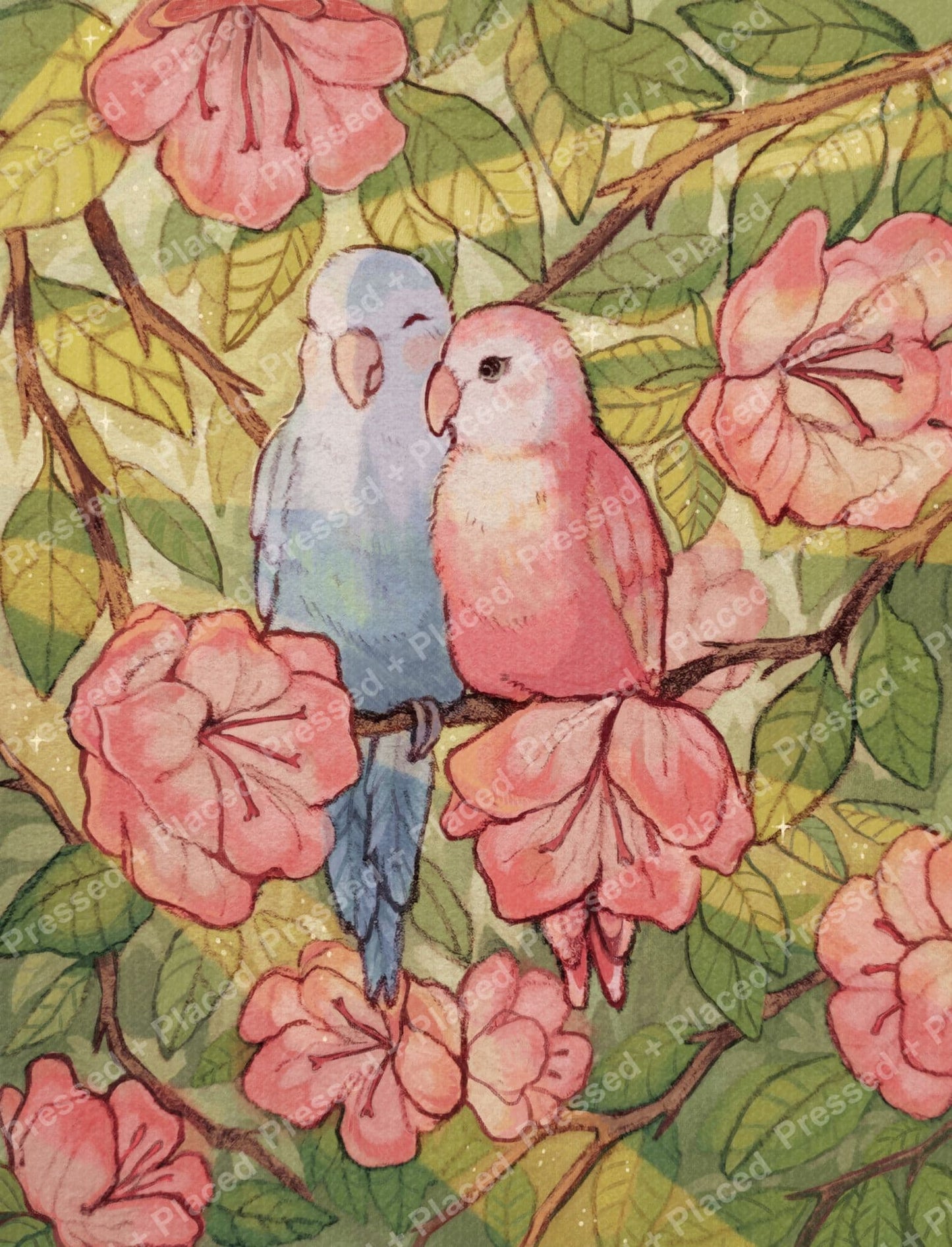 Watercolor parrots perched among pink flowers and green leaves in a soft botanical style