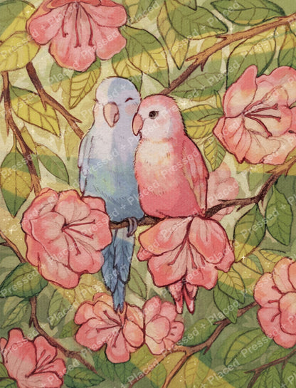 Watercolor parrots perched among pink flowers and green leaves in a soft botanical style