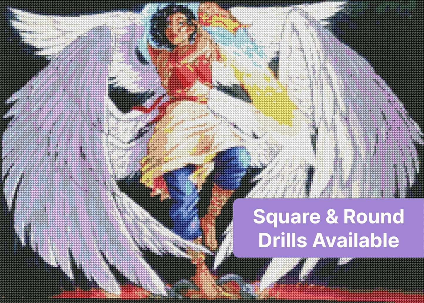 Fantasy angel warrior with large wings and glowing elemental flame energy