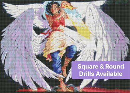 Fantasy angel warrior with large wings and glowing elemental flame energy