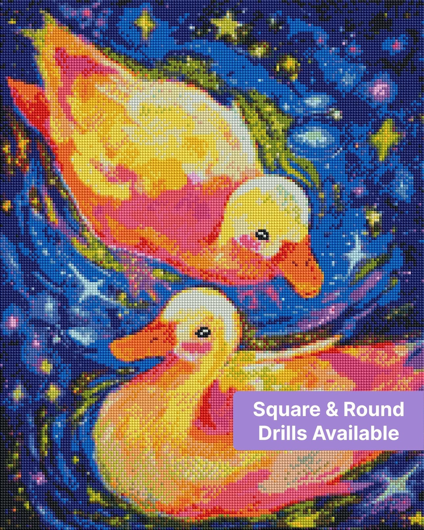 Two colorful ducks floating through a vibrant starry galaxy in whimsical watercolor style