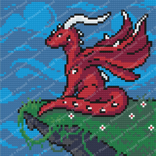 Red dragon pixel art on a green rock against a blue background