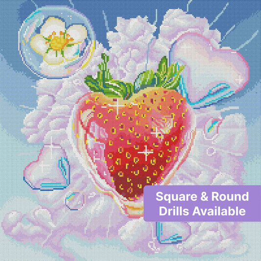 Pastel strawberry floating in clouds with iridescent hearts and dreamy fantasy style