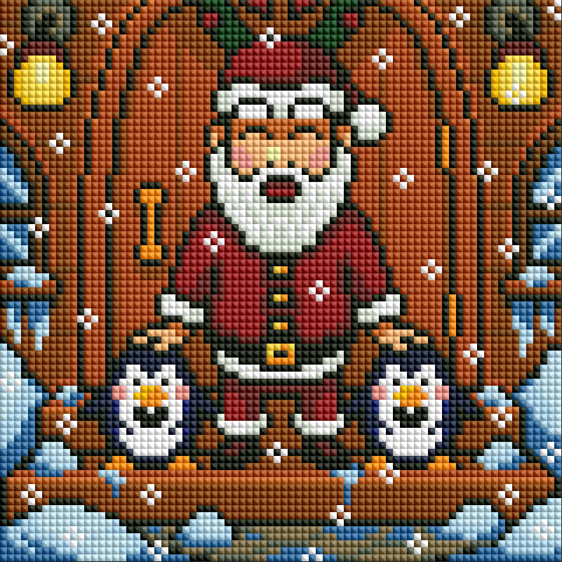 Four festive Christmas diamond art scenes with Santa, elves, a snowman, and a reindeer