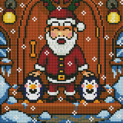 Four festive Christmas diamond art scenes with Santa, elves, a snowman, and a reindeer