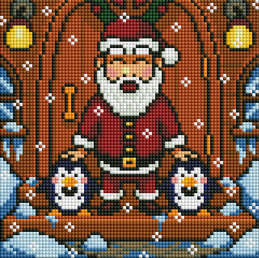 Four festive Christmas diamond art scenes with Santa, elves, a snowman, and a reindeer