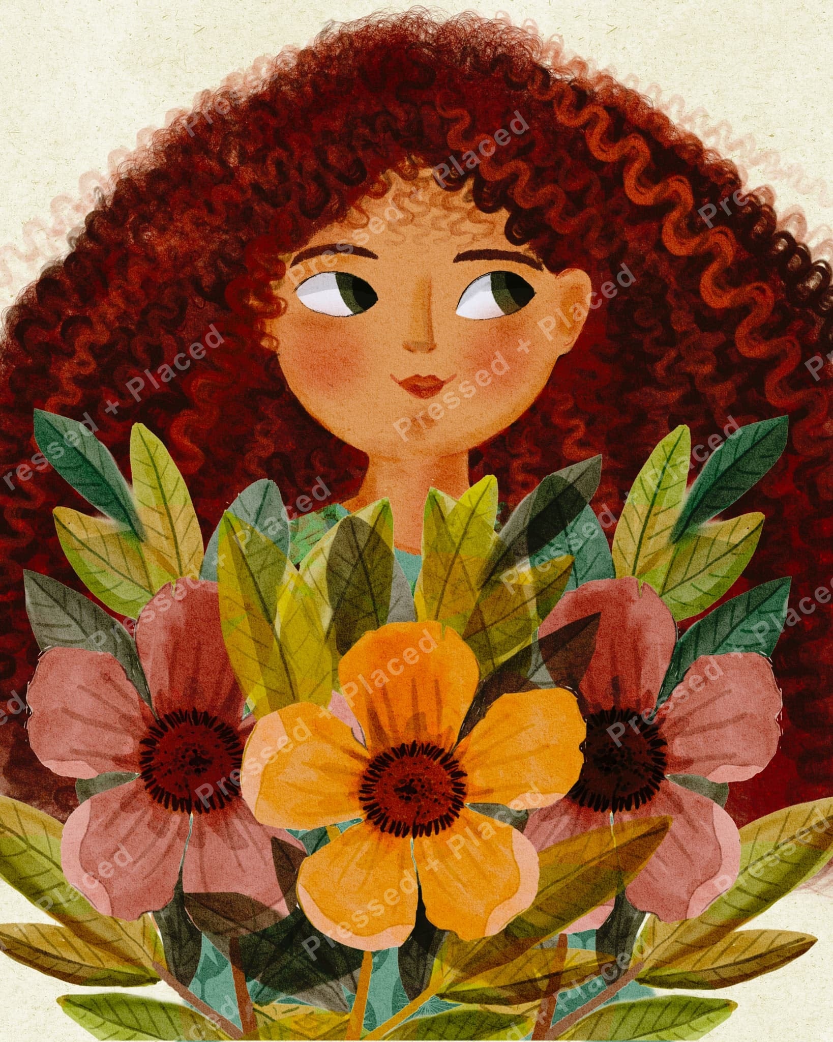 Curly-haired girl holding a colorful floral bouquet in soft watercolor style