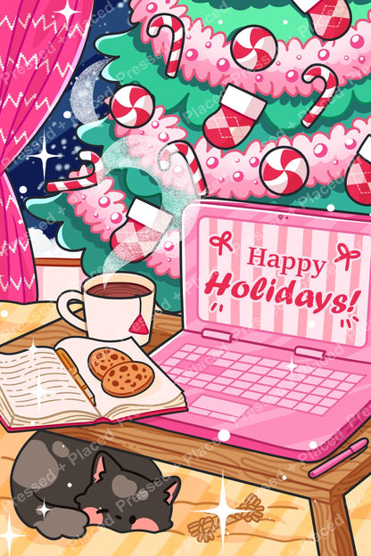 Cute Christmas scene with pink laptop, sleeping cat, cookies, tea, and decorated tree