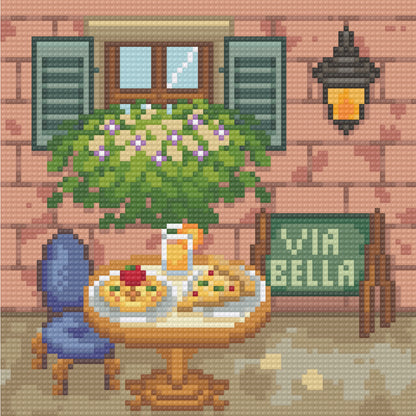 Four-panel Italian summer diamond art scenes with beach, café, village, and seaside views