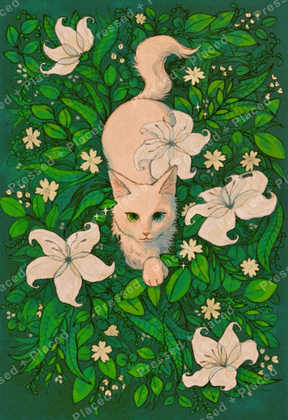 White cat with floral garden design, surrounded by lush green leaves and white blossoms