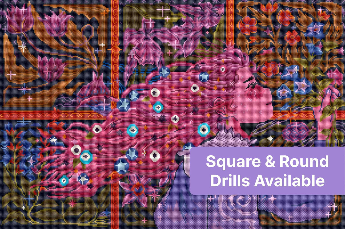 Fantasy girl with flowing pink hair surrounded by vibrant floral panels and ornate purple details