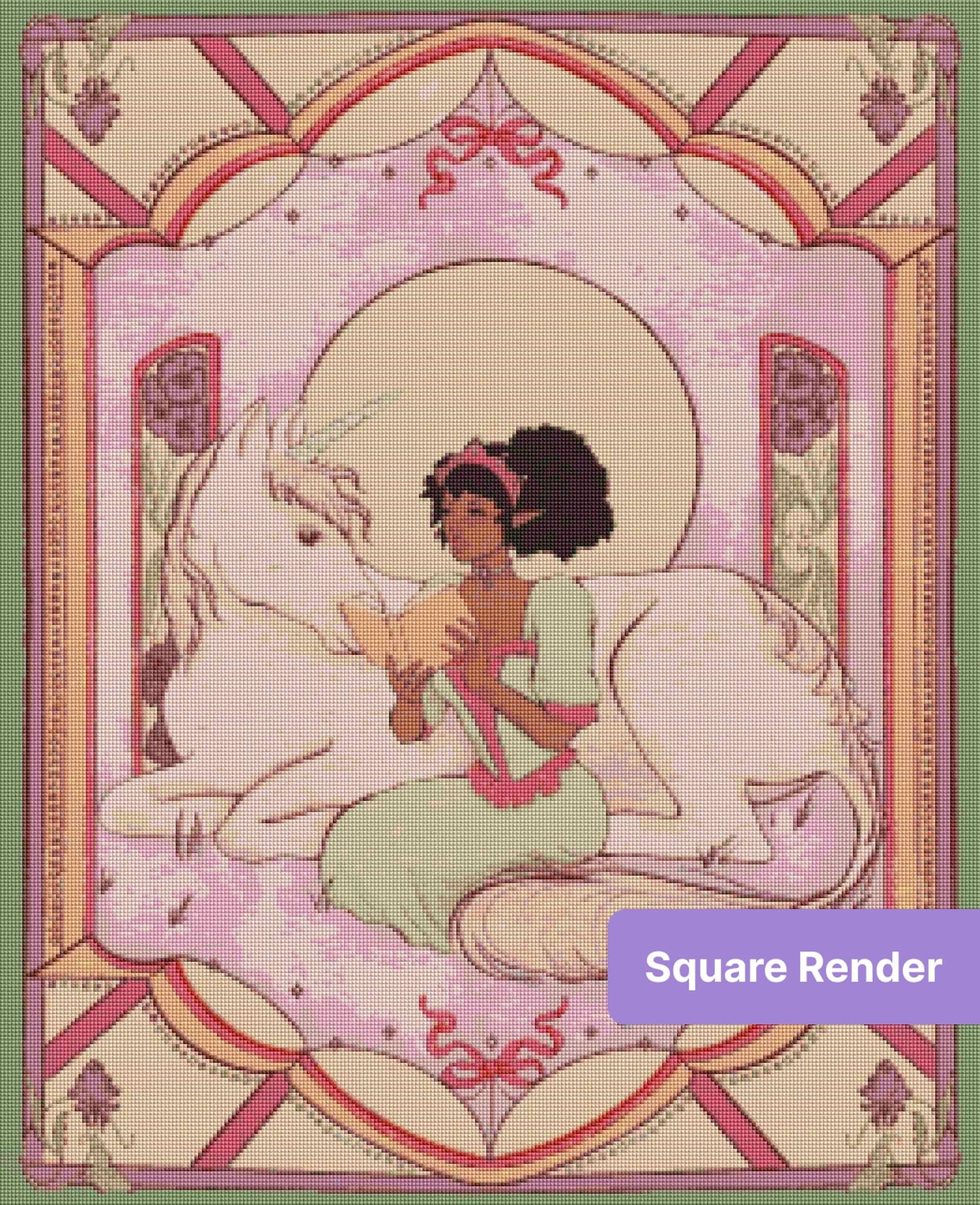 Fairy girl reading beside a white unicorn in a pastel ornate fantasy frame