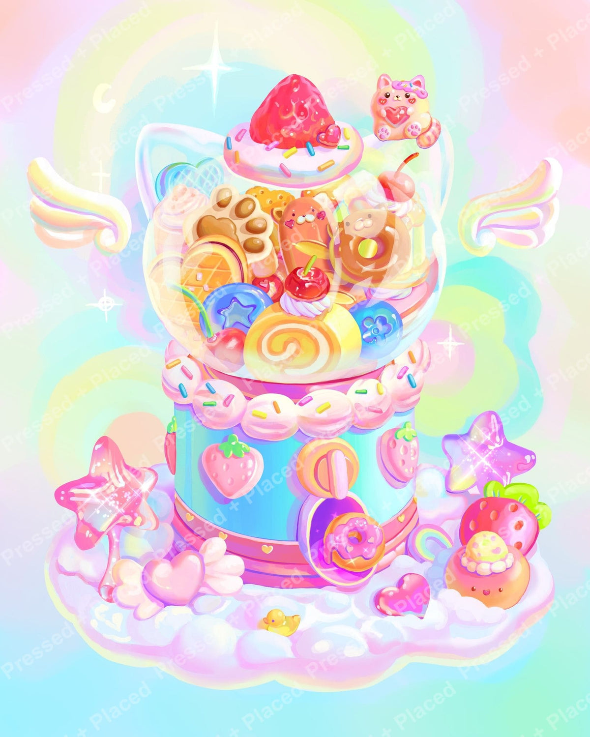Pastel kawaii candy dessert scene with rainbow accents and cute cartoon details