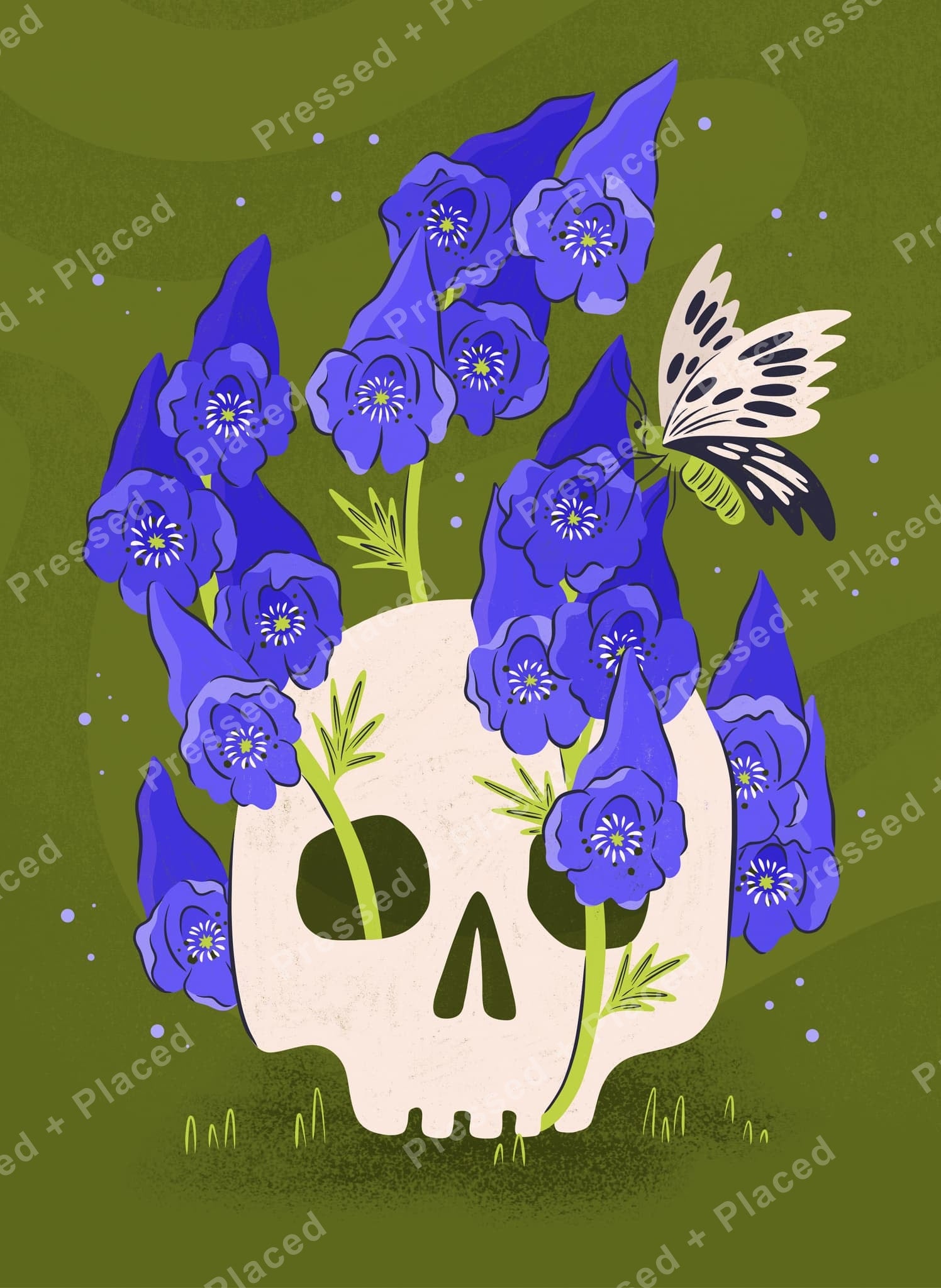 Stylized skull with purple flowers and butterfly in dark floral illustration