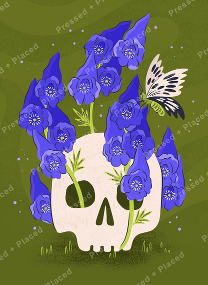 Stylized skull with purple flowers and butterfly in dark floral illustration