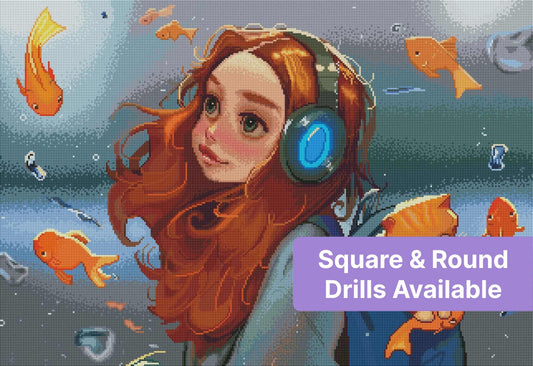 Whimsical girl with red hair and headphones surrounded by orange fish in a dreamy underwater style