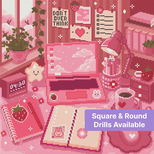 Pink kawaii desk scene with computer, notebooks, hearts, strawberries, and pastel decor