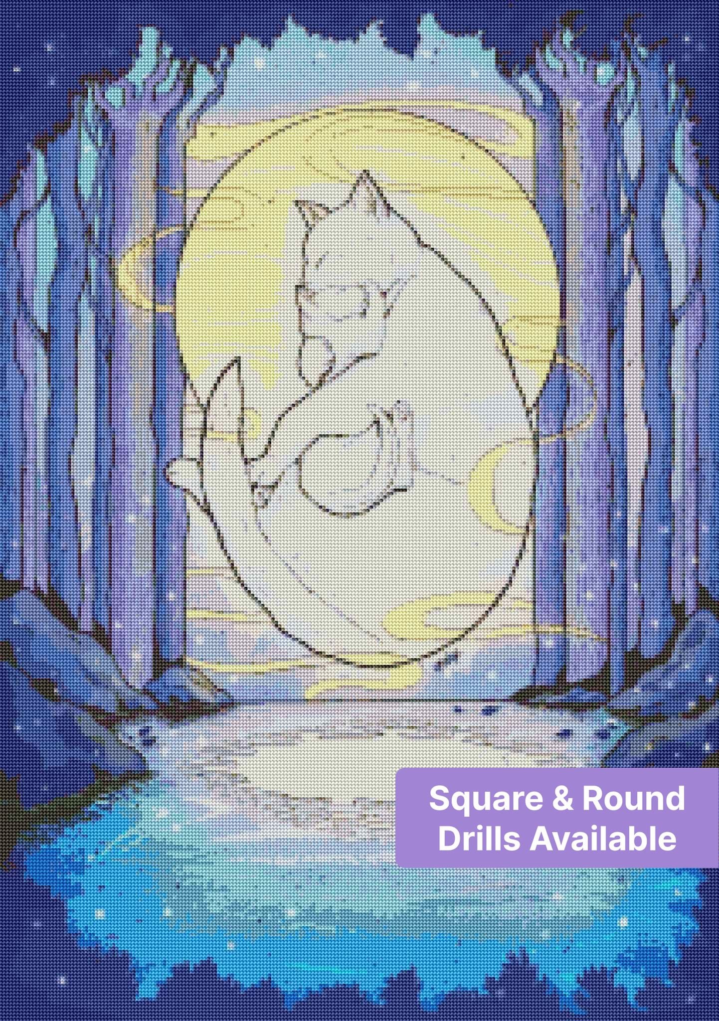 White sleeping cat in a glowing moonlit forest with purple trees and a dreamy blue lake