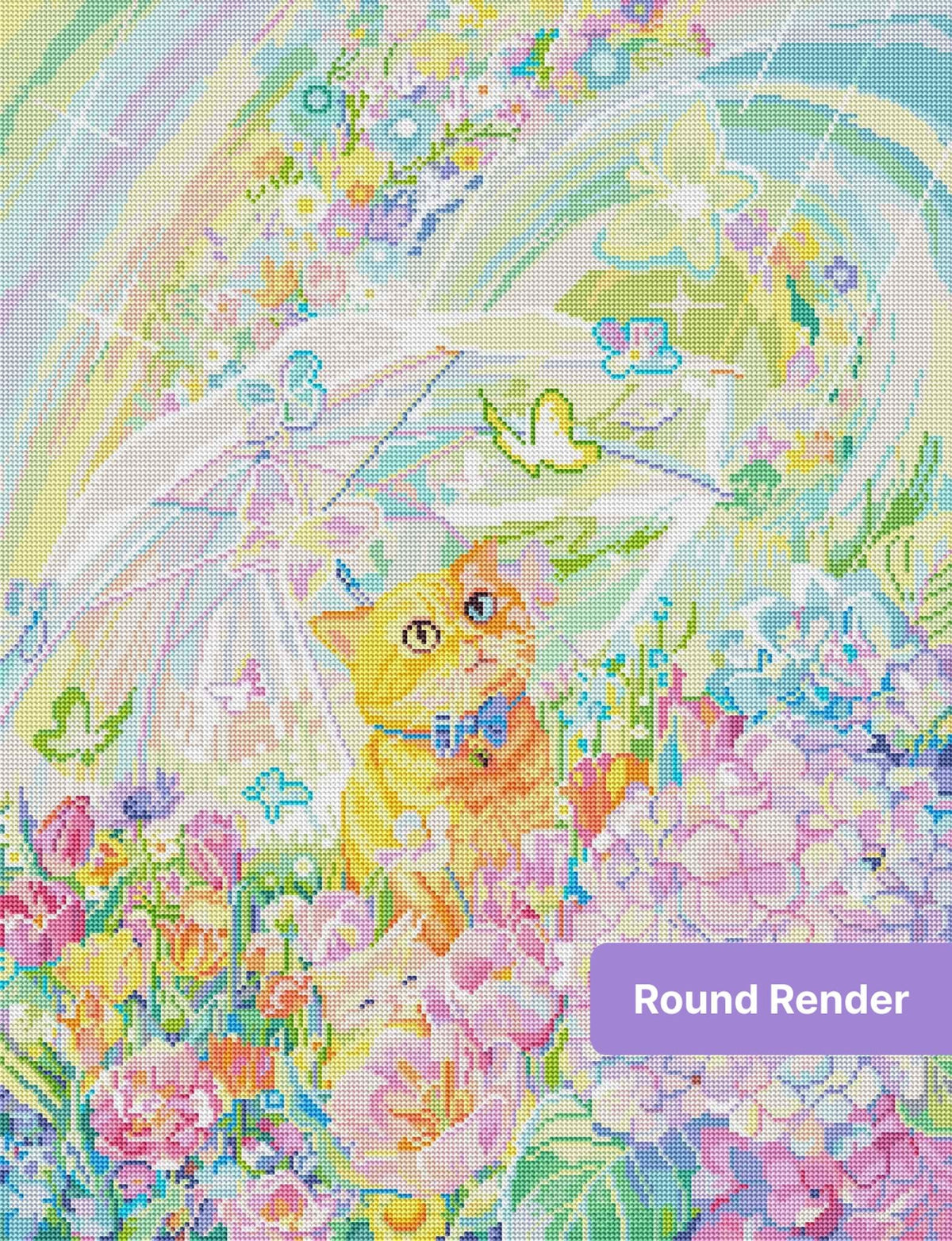 Orange cat in a pastel flower garden with butterflies, rainbow glow, and sparkling blossoms
