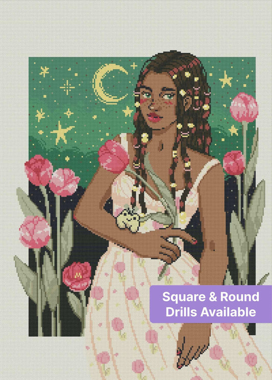 Illustrated girl in floral dress with braids, pink tulips, and starry night background