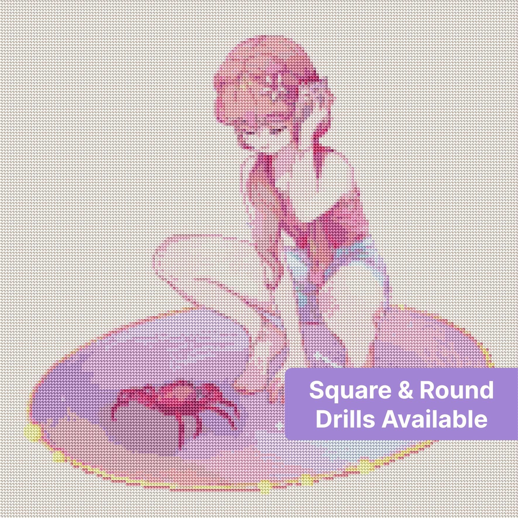 Anime-style girl with pink hair kneeling beside a crab on a pastel glowing mat