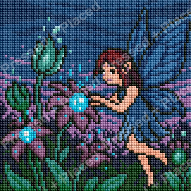 Fairy with wings among purple flowers in a fantasy diamond painting style