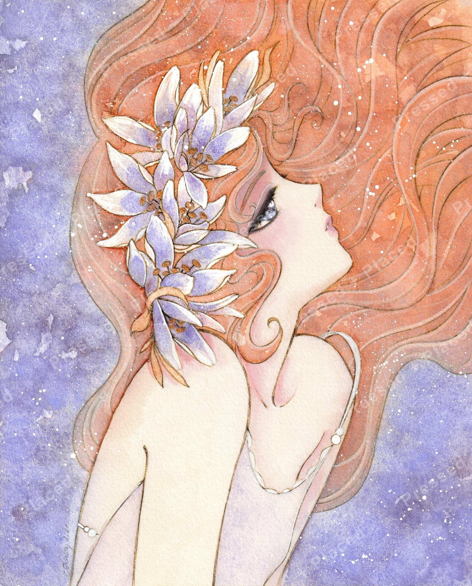 Watercolor-style red-haired woman with lavender flowers and a dreamy purple background