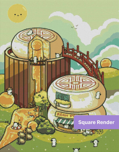 Cute fantasy bakery village with pastel pastry buildings, golden details, and tiny cartoon characters
