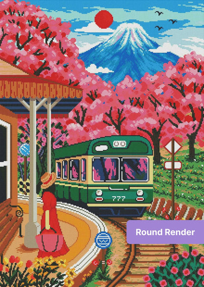 Cherry blossom train station landscape with mountain, vibrant pink trees, and vintage teal train