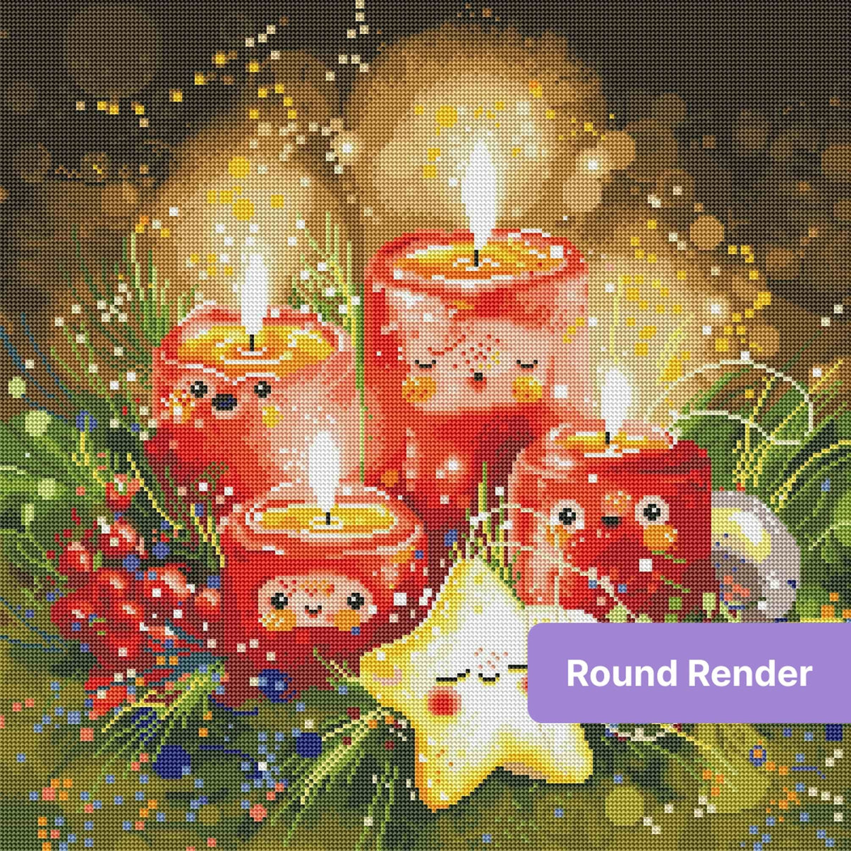 Whimsical red Christmas candles with smiling faces and glowing star ornament