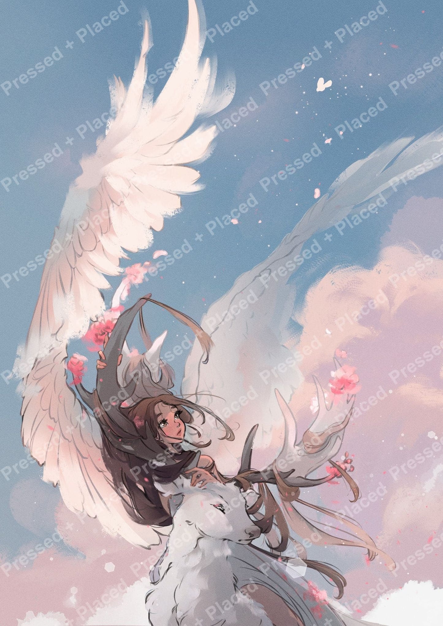 Anime-style angel girl with white deer, flowing wings, and pastel blossoms
