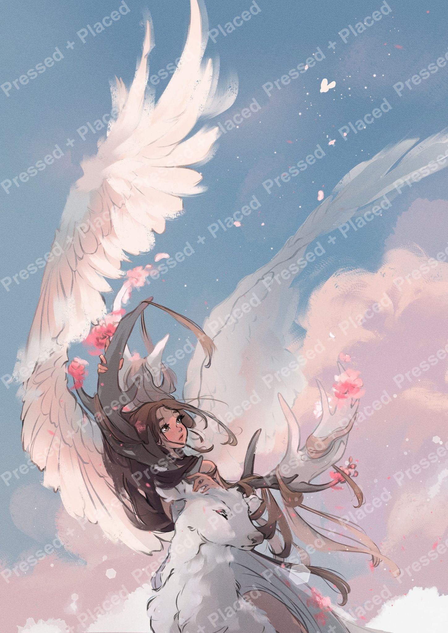 Anime-style angel girl with white deer, flowing wings, and pastel blossoms