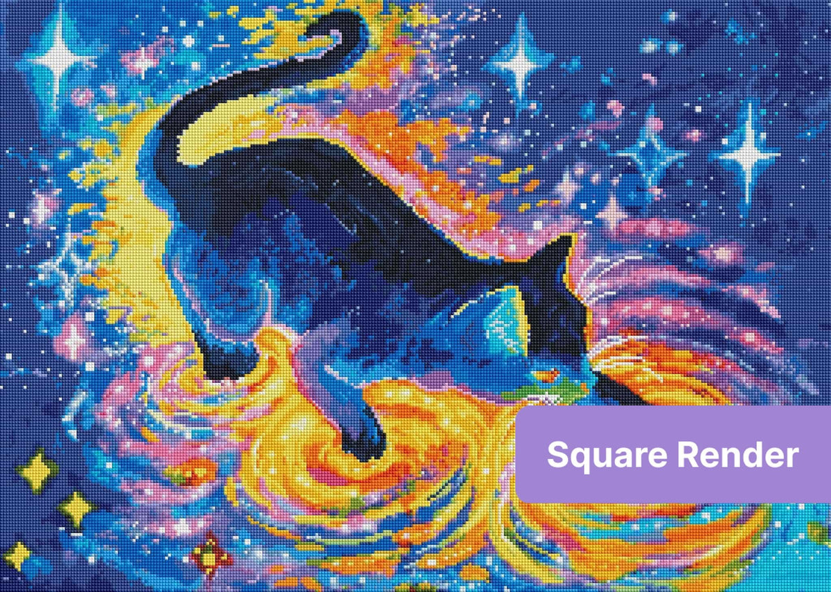 Black cat diamond painting kit with vivid galaxy colors, stars, and swirling neon nebula effects