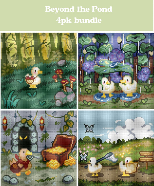 Four duck-themed diamond art scenes with woodland, pond, and meadow settings