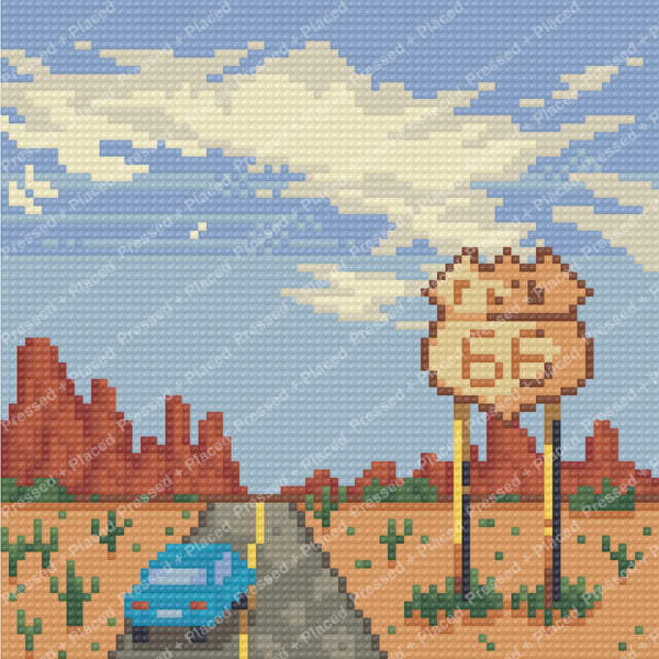 Pixel-style desert road scene with cactus, SUV, and sunset landscape