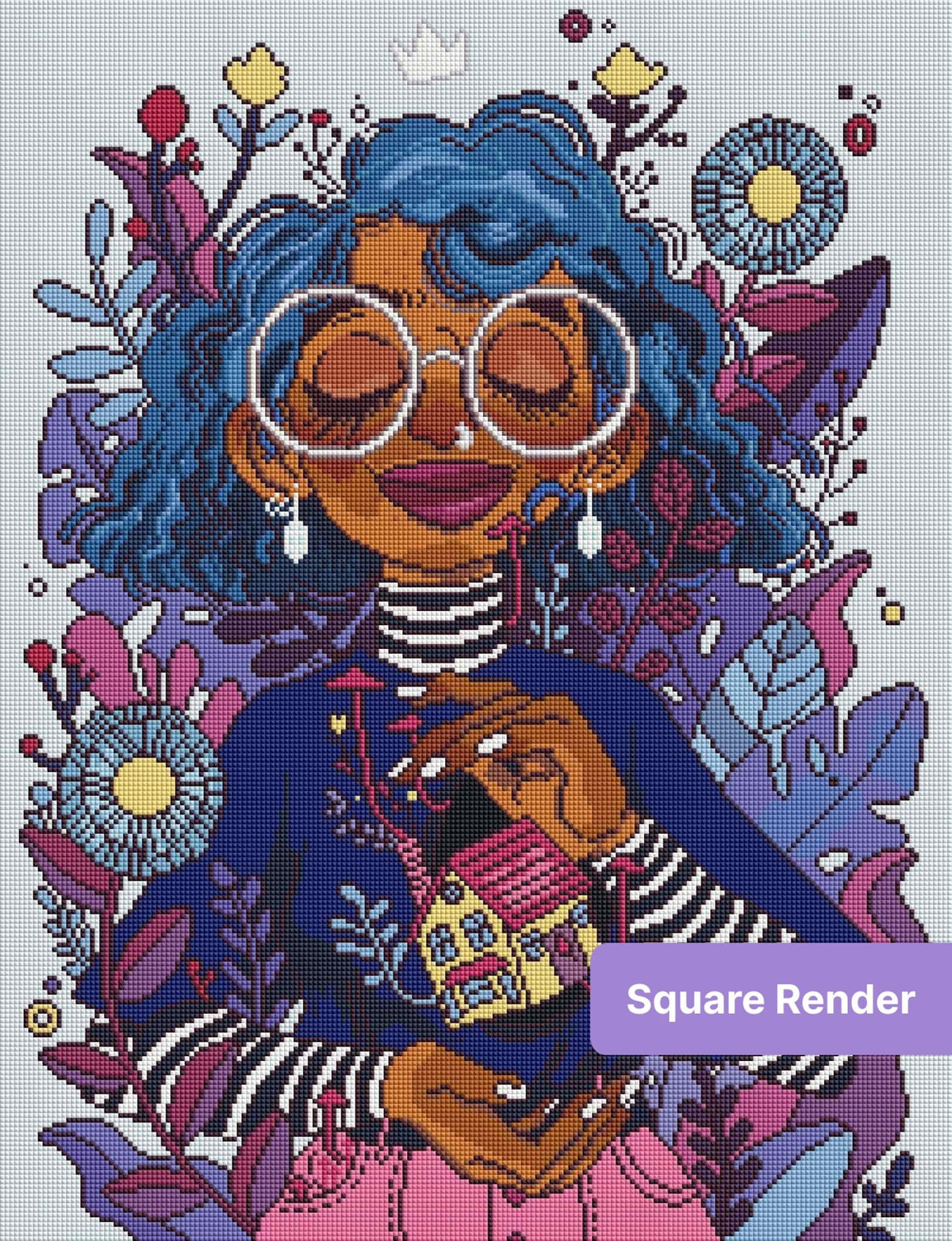 Illustrated blue-haired girl with glasses, flowers, and house pendant in a vibrant portrait style