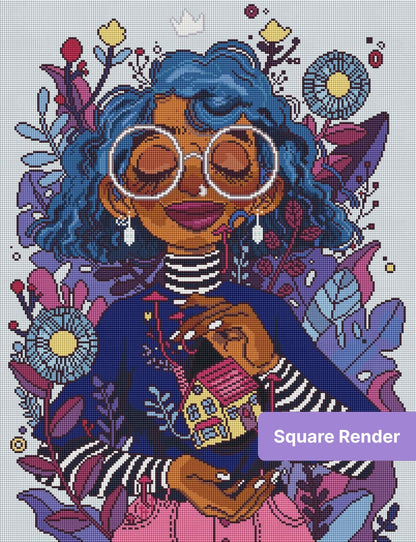 Illustrated blue-haired girl with glasses, flowers, and house pendant in a vibrant portrait style