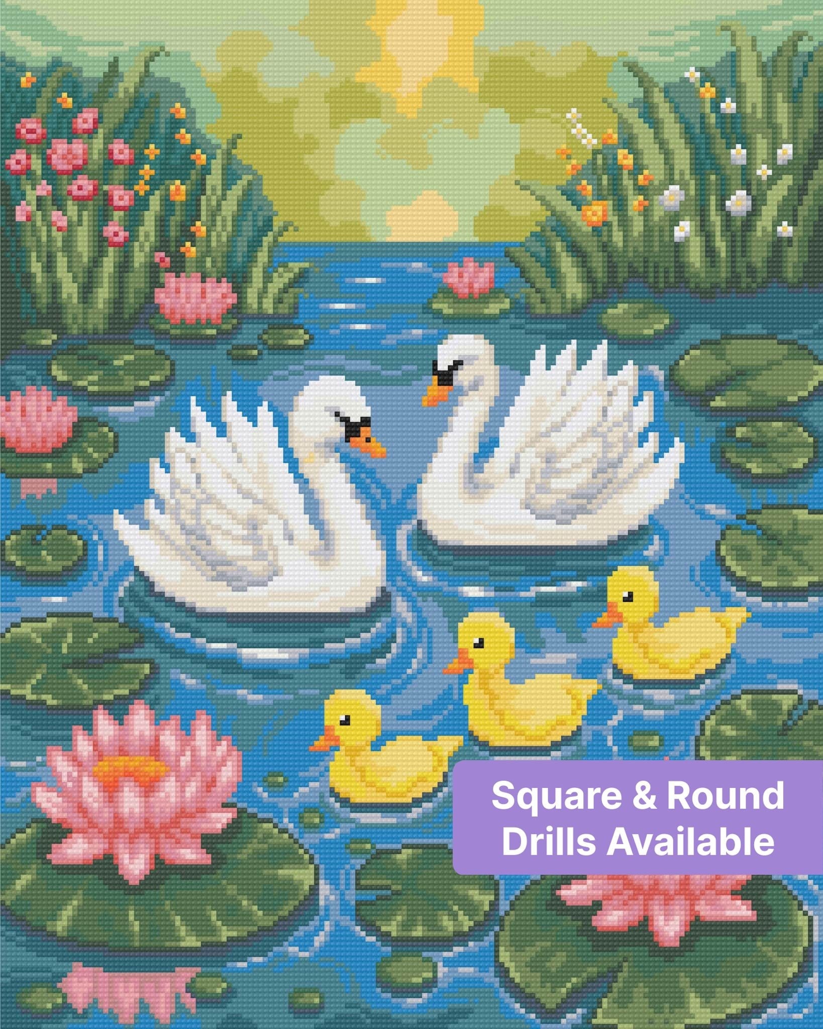 Swan family with ducklings on a lily pond in colorful mosaic style