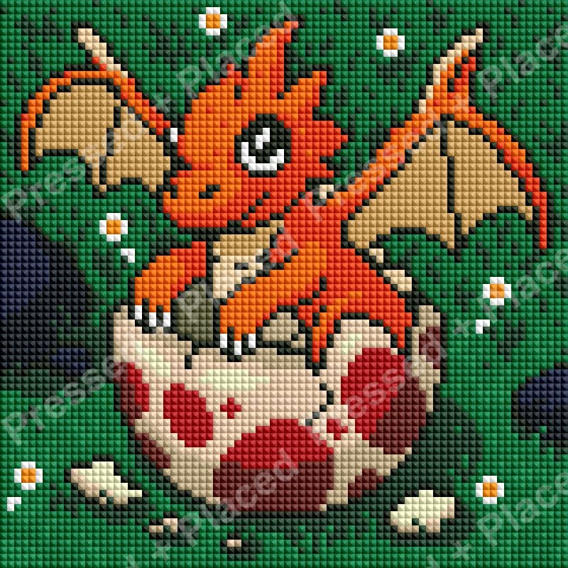 Pixel art dragon with orange wings on a green background, diamond painting style