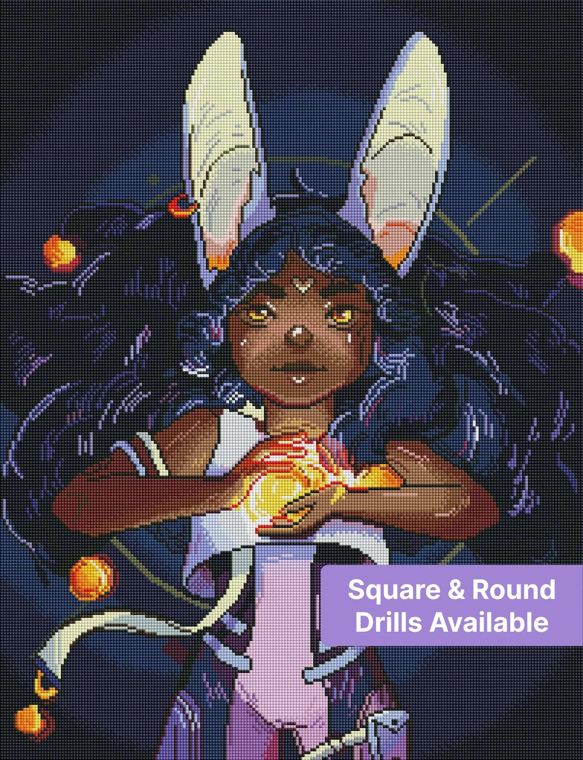 Fantasy bunny girl with glowing orb, dark curls, and tall rabbit ears in mystical style